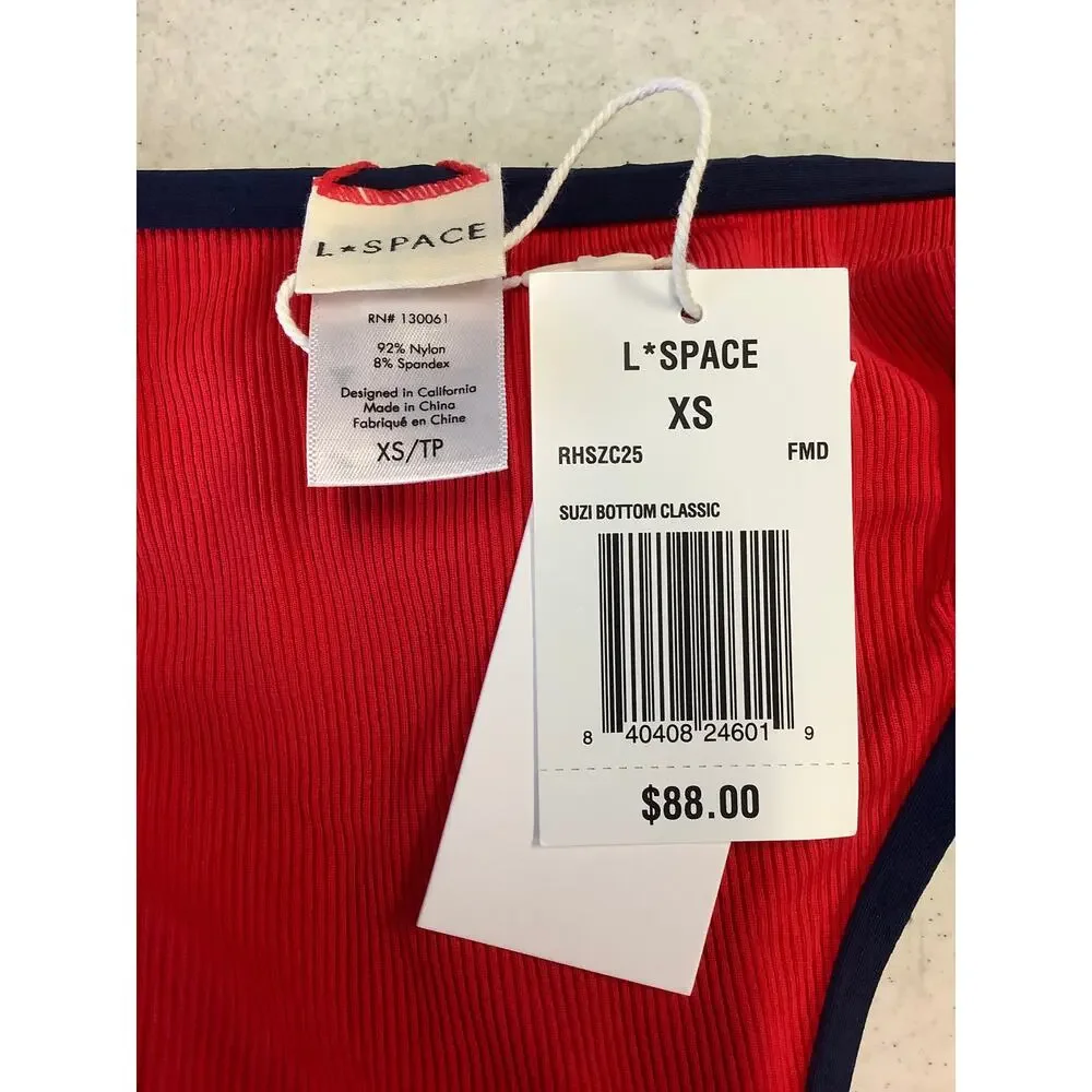 L Space Women's XS Red Navy Suzi Ribbed Swim Beach Resort Bikini Bottom F8-26
